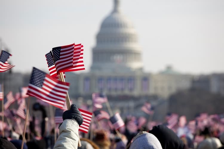 Presidential Inauguration at Capitol Building, Washington DC. Unrecognizable crowds in the Washington DC Mall.